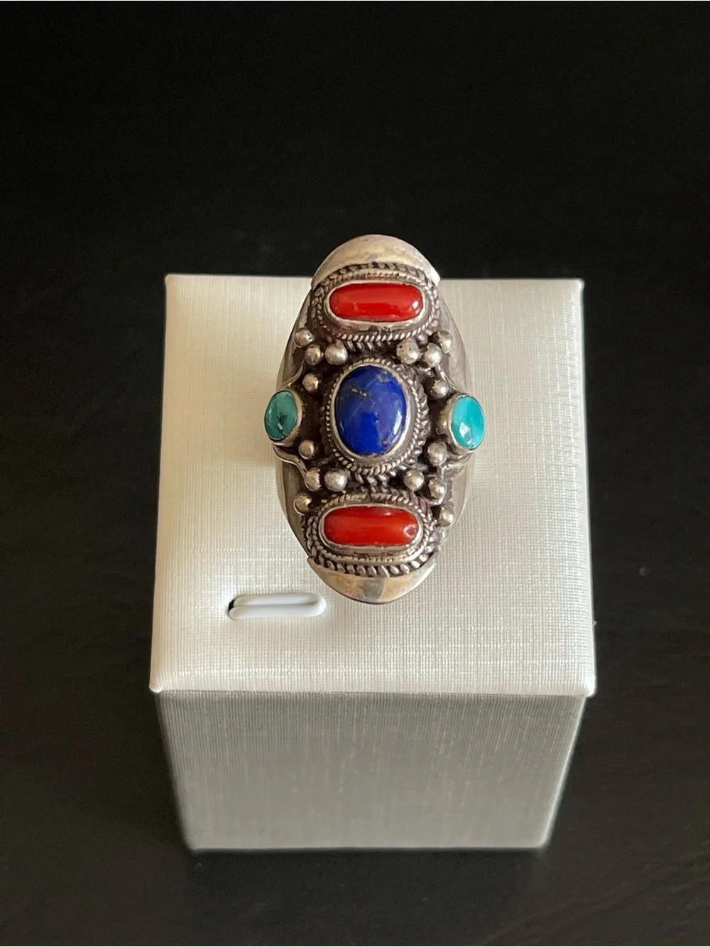 Vintage 925 Sterling genuine lapis turquoise,red coral Statement Ring.